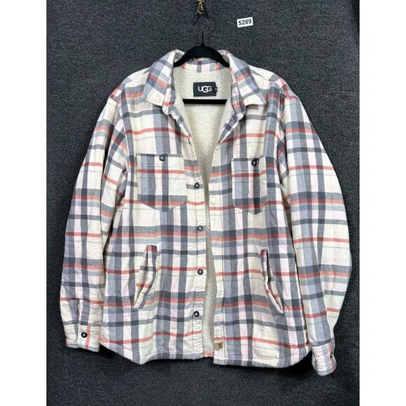 UGG Jacket Mens Large Gray Red Plaid Sherpa Lined Shirt Jacket Snap Flannel - Picture 1 of 8